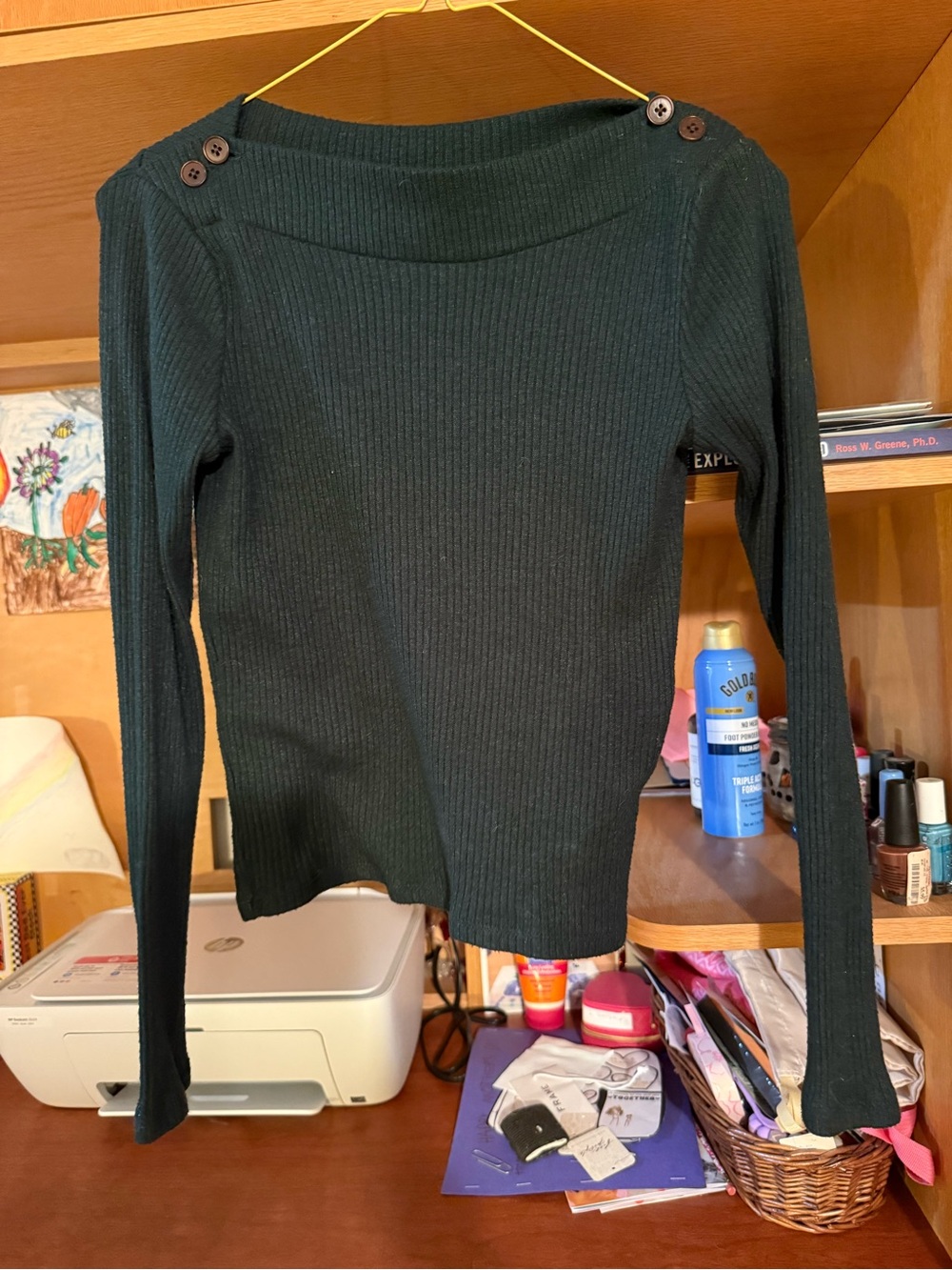 Madewell Dark Green Ribbed Boatneck Sweater with Button Shoulders
